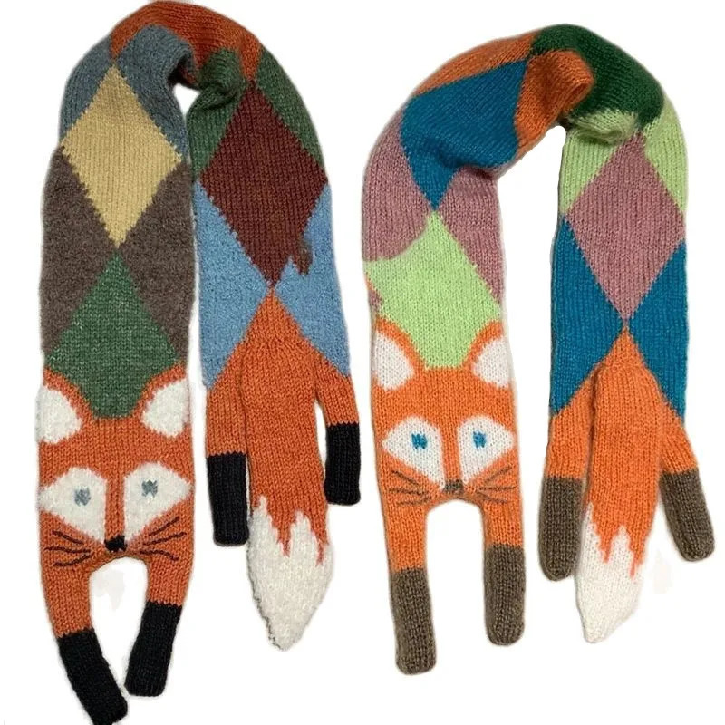 Autumn Winter Childrens Cartoon Fox Knitted Scarf Baby Boys Girls Warm Women Shawl Kids Female Knitted Animal Women Scarf 250929