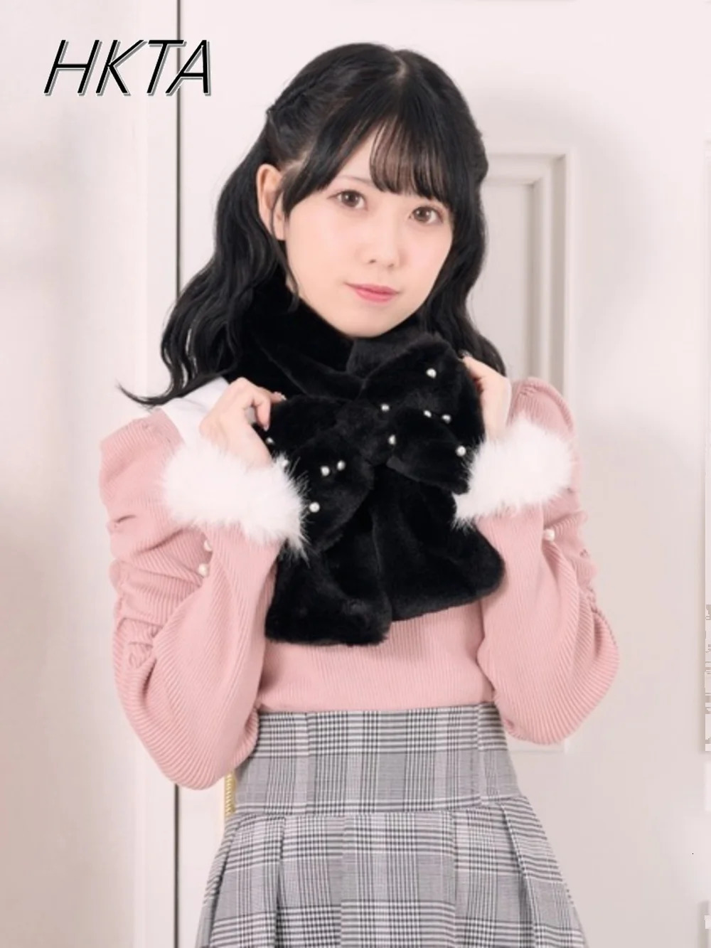 Japanese Original Bow Scarf Nail Bead Plush Rabbit Fur Scarf Cute Early Winter Thermal Scarf 250929
