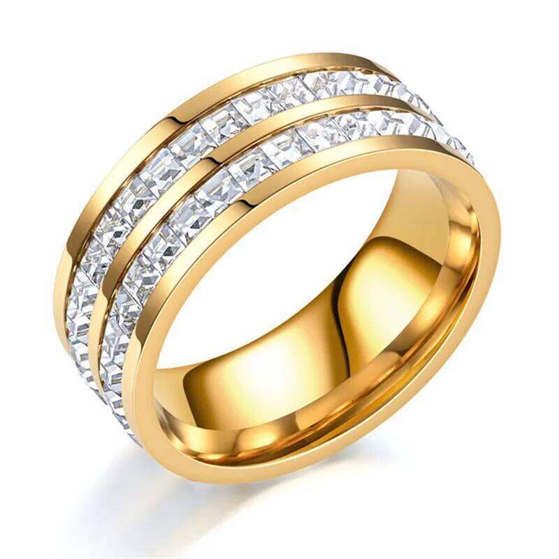Gold Color Single Double Row Square Zircon Stainless Steel Ring For Women Romantic Engagement Wedding Party Jewelry Gifts