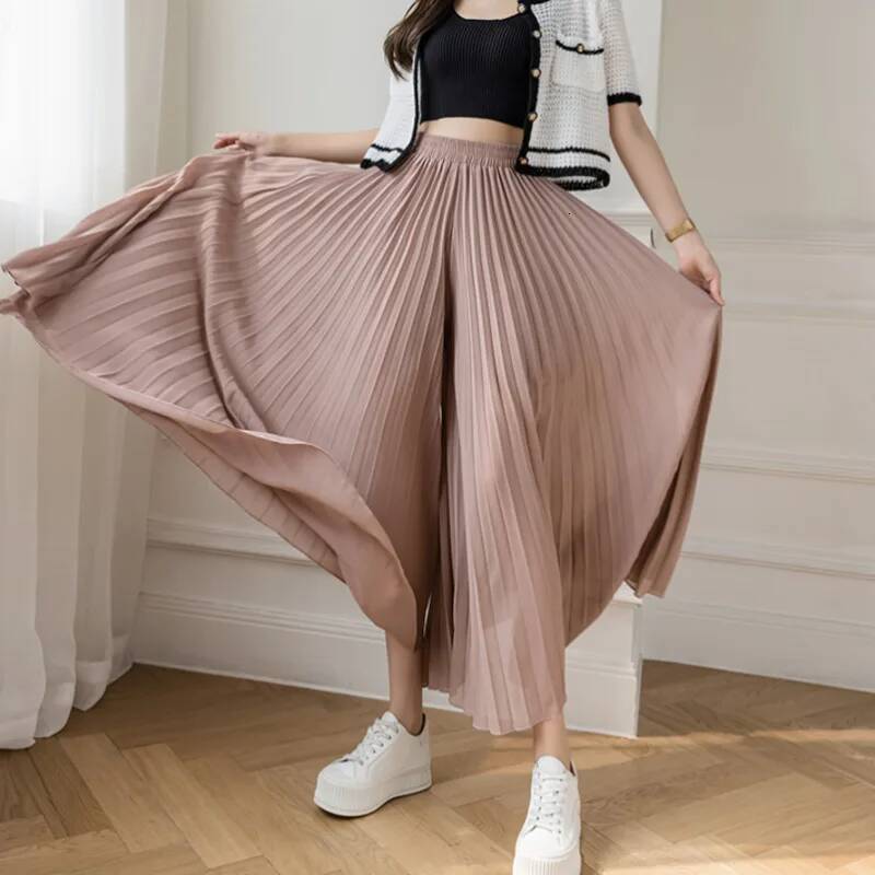 Women Elegant Chiffon High Waist Wide Leg Pants Casual Korean Fashion Pleated Loose Trousers Clothes Comodi Pantalones De Mujer dongdumaoyi