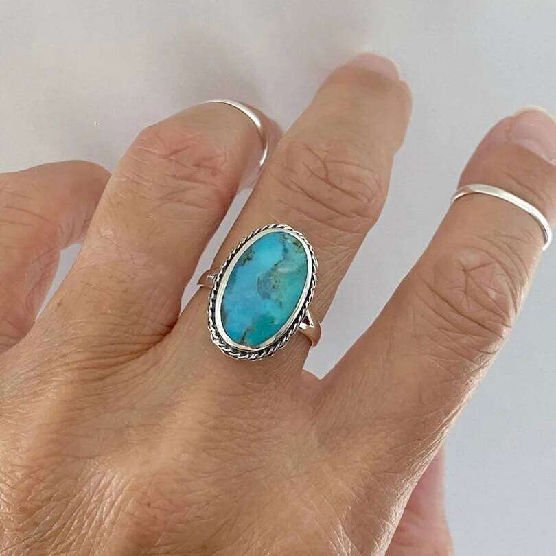 1pc Boho Turquoise Hippie Stainless Steel Blue Gemstone Sier Color Adjustable Ring Women Chunky Rings Bohemian Jewelry