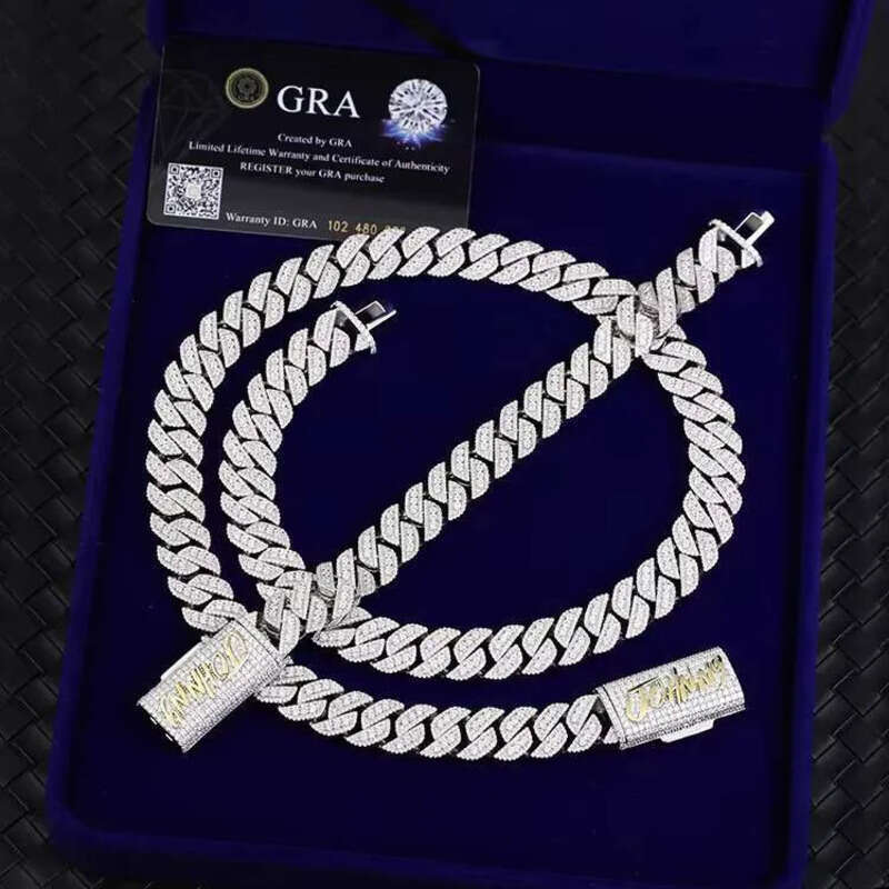 Yu Ying 15mm Width Shine Necklace Ice Out Moissanite Dia Solid Sier Cuban Link Chain for Hip Hop Jewelry