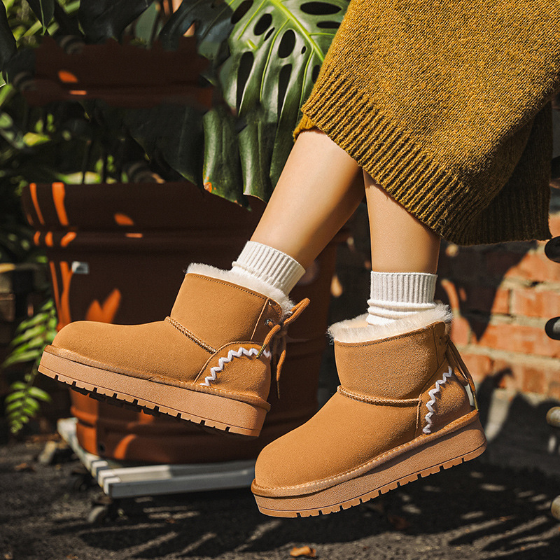 EBV designer shoes hot free shipping High quality Sheepskin fur on Leather short waterproof winter new keep warm plush bow cotton shoes for woman brow