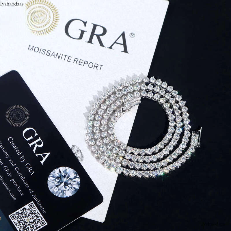 Hip Hop Necklace Pass Dia Tester 3mm GRA VVS Moissanite Iced Out 3Prong Mossanite Tennis Link Chain