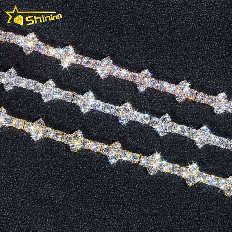 Cross-shaped 3mm Tennis Fashion White Gold Pure Sier VVS Silicon Stone Ice Star Cross Chain Bracelet
