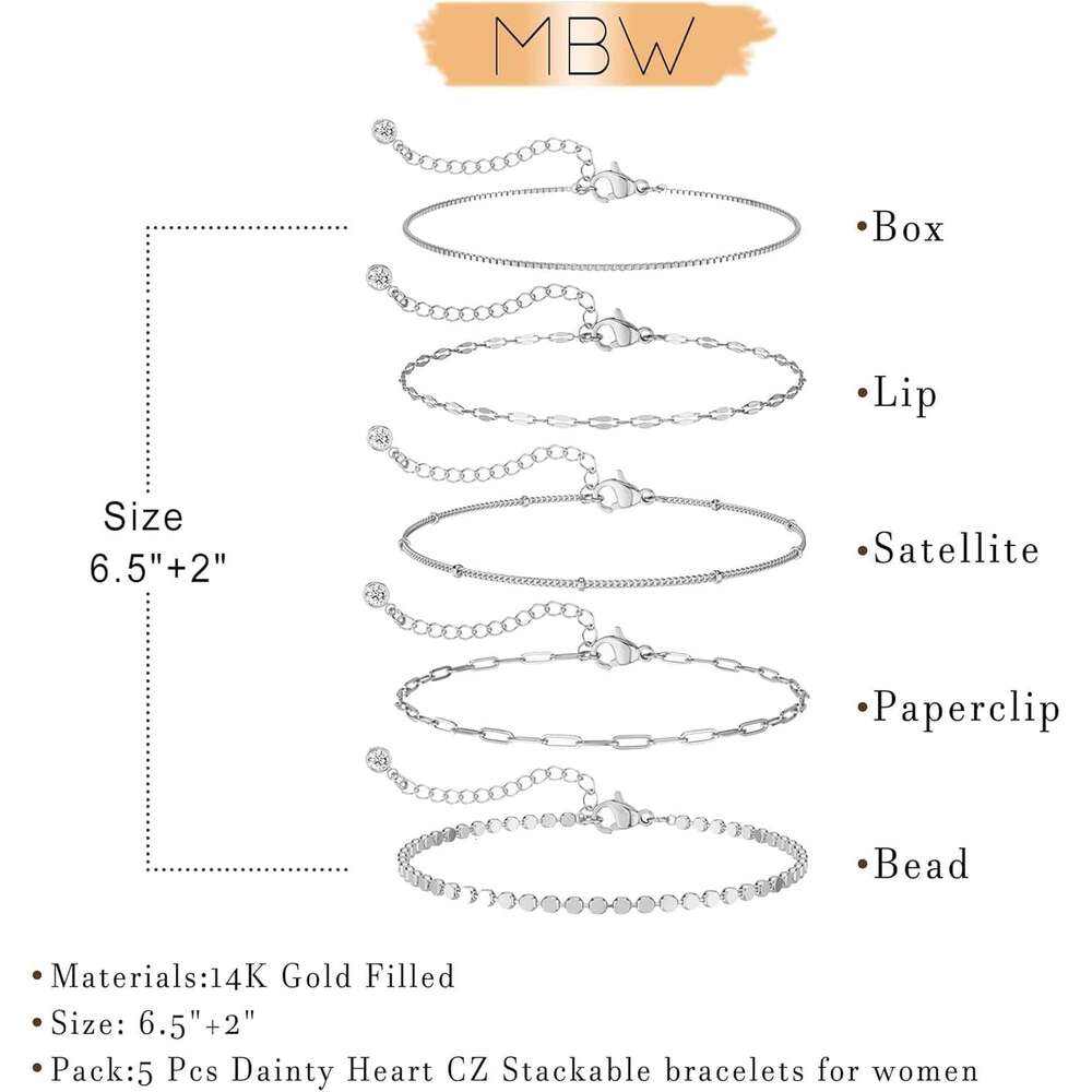 Women, Dainty Bracelets 14K Sier Stack Waterproof Jewelry Trendy Minimalist Simple Small Thin Bracelet Set for Women Teen Girls Gift