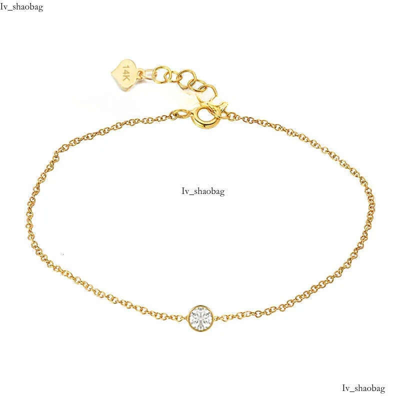 GB17 RINNTIN 14K Solid Yellow Gold Lobster Clasp Strand Cut Cable Chain Solitaire Bezel Set Moissanite Dia Bracelet