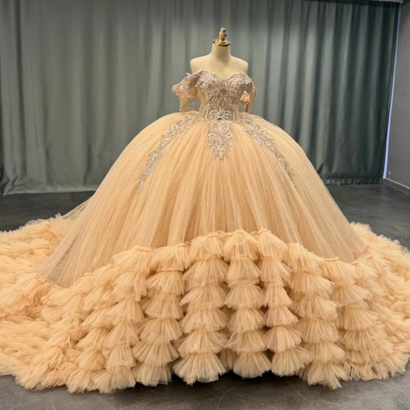 Champagne Shiny Quinceanera Dresses Off The Shoulder Sequin Applique Lace Beading Tiered Tull Party Birthday Sweet 16 Dress Vestidos 15 De Anos
