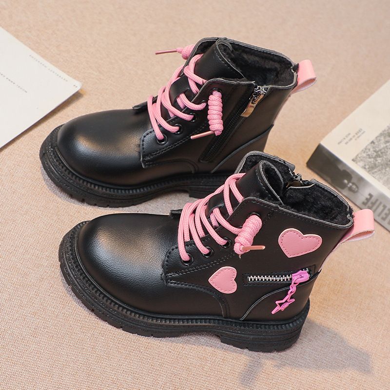 Girls Ankle Boots Fashion Princess Kids PU Leather Rubber Outsole Toddler Children's Short Boots Autumn Winter Zipper Pink with Love Heart Sizes 