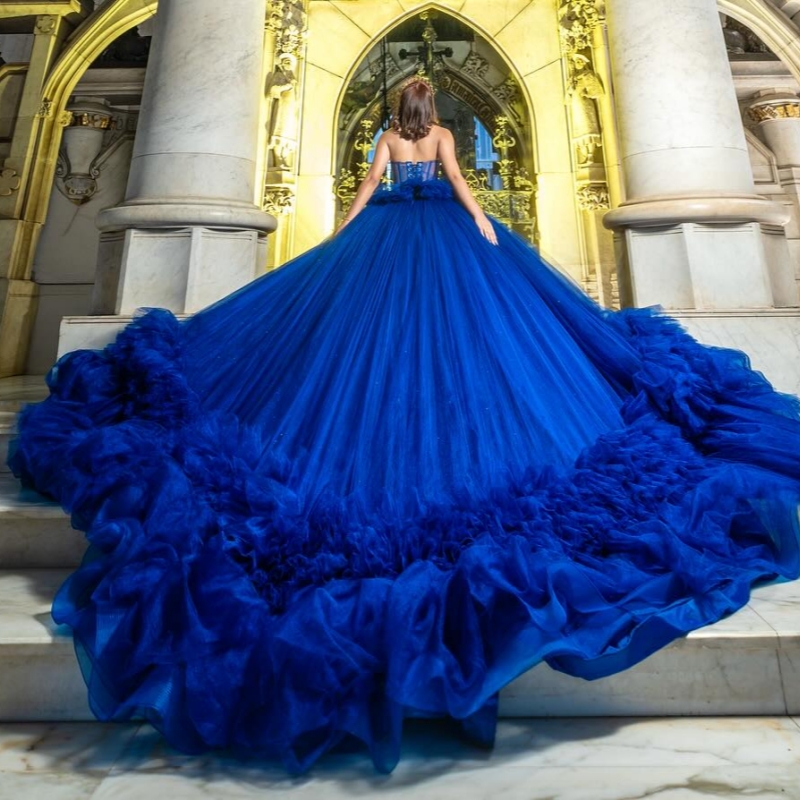 Royal Blue Quinceanera Dresses Off The Shoulder Beading Crystal Tiered Tull Party Birthday Sweet 16 Dress Vestidos 15 De Anos