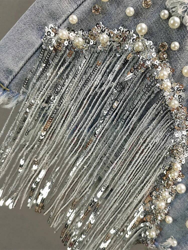 Summer Elegant Lady Tassel Beading High Waist Wide Leg Denim Female Casual Solid Shorts Jeans for Women Clothing dongdumaoyi