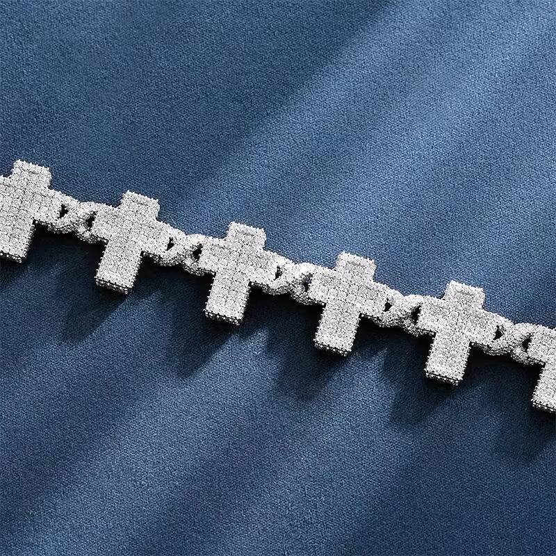 Luster Holy White Gold Plated 925 Sterling Silver Metal 16mm Cross Link Moissanite Cuban Bracelet