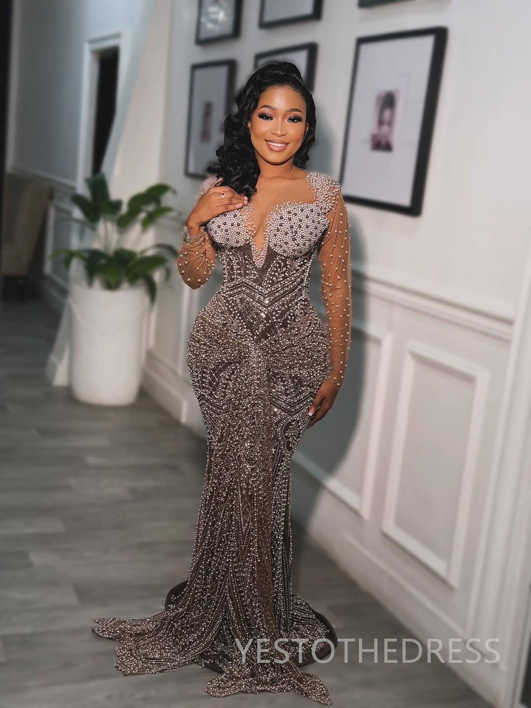 2025 Plus Size Gray Prom Dress Evening Dresses Formal Gowns Illusion Mermaid Sheer Neck Long Sleeves Pearls Beaded lace Birthday Dress Second Receptio