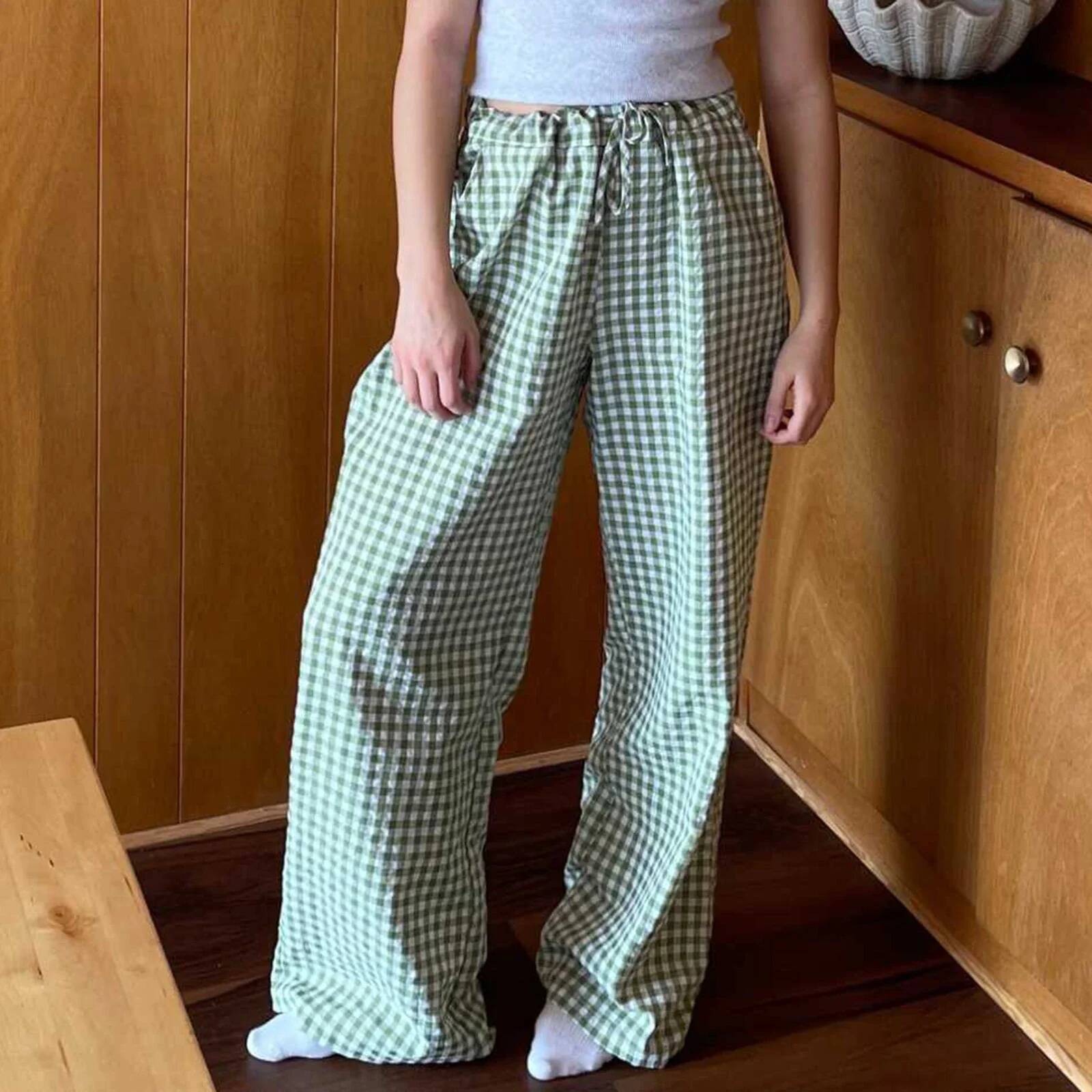 Combhasaki Women's Y2K Retro Aesthetic Wide Leg Drawstring Thin Pants Summer Casual Elastic Plaid Loose Trousers with Pockets dongdumaoyi