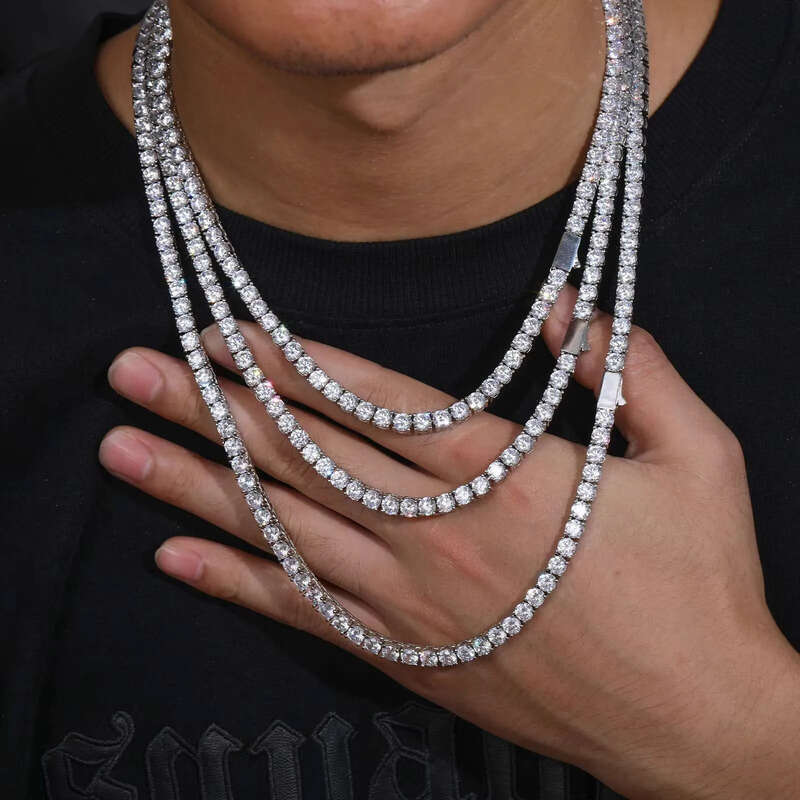 Fashion Men Women Jewelry Gift 5mm White Gold Plated Brass Prong Setting AAAAA Moissanite Dia Cluster Tennis Chain Bracelet Necklace