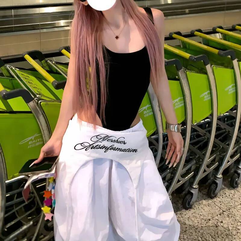 Y2K White Cargo Pants Women Streetwear Embroidery Baggy Sweatpants Haruku Wide Leg Joggers Summer Oversized Trousers New dongdumaoyi