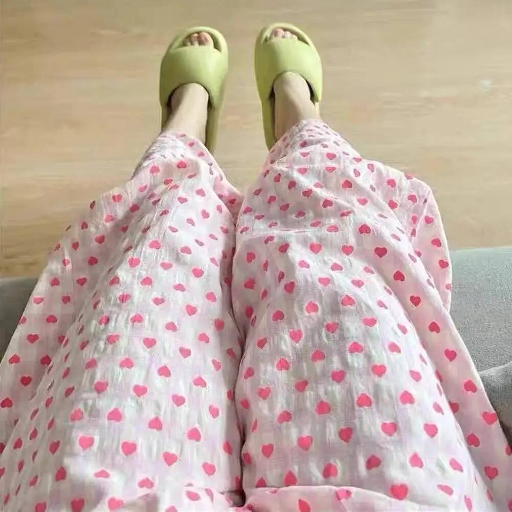 Summer Pama Woman Heart Print Gauze Home Trousers Casual Simple Ladies Sleeping Pants dongdumaoyi