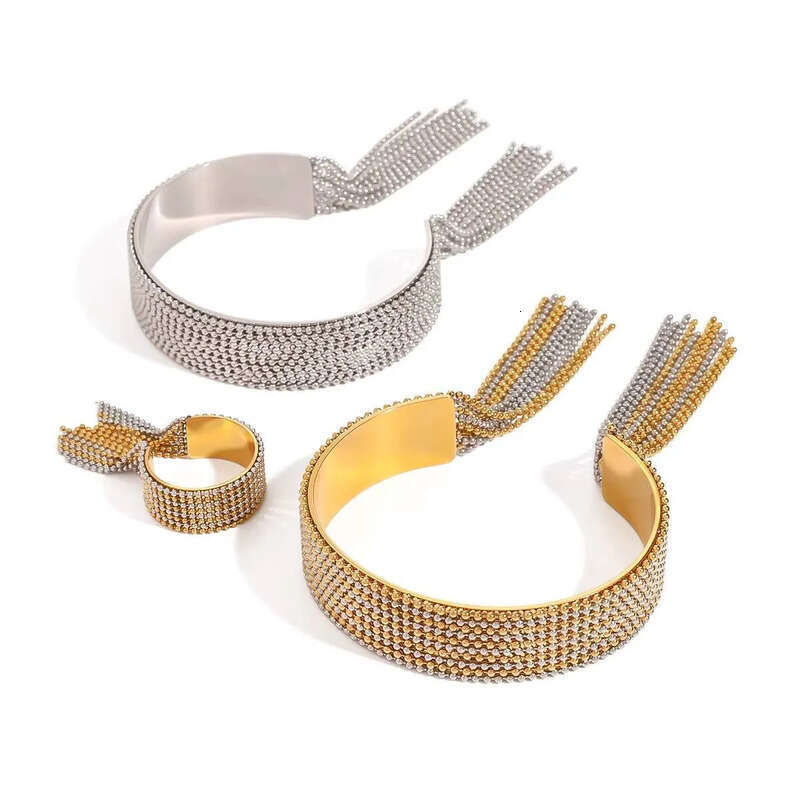 2025 Designer Gold Plated Stainless Steel Two Tone Chain Tassel Bracelet Adjustable Ring Set Stylish Jewelry for Gift