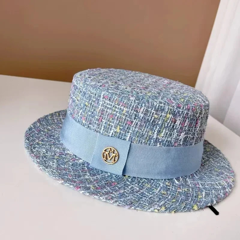 Europe and America xiao xiang style pearl flat top color jacquard hat pink tweed top hat womens autumn and winter fashion hats 250930