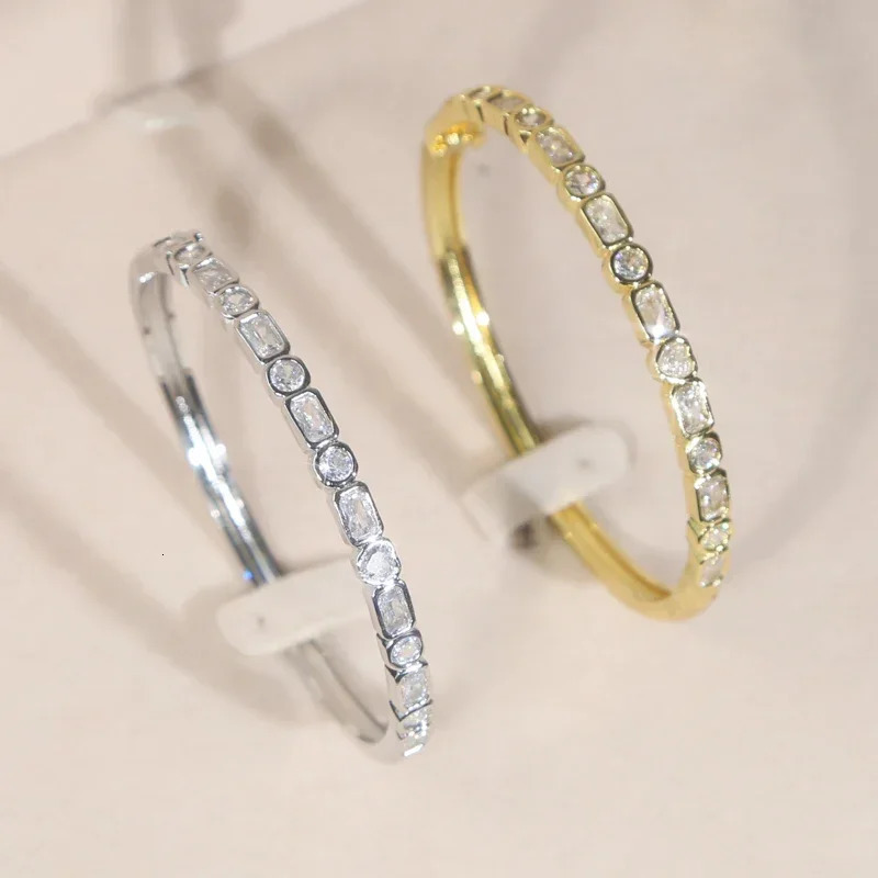 Valentines Day Gift Bezel Set Geometric 5A Heart Round Rectangle Cz Charm Bangle Bracelet Women Lady Wedding Jewelry 250930