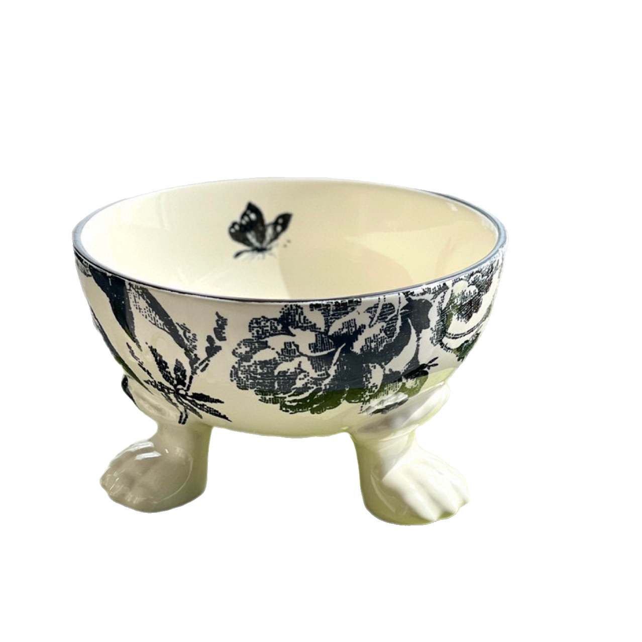 Elegant Rustic Style Animal Food Container - Porcelain Butterflies and Flowers Design