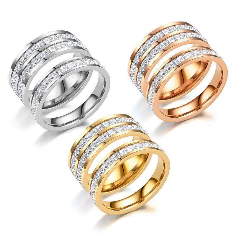 Gold Color Single Double Row Square Zircon Stainless Steel Ring For Women Romantic Engagement Wedding Party Jewelry Gifts