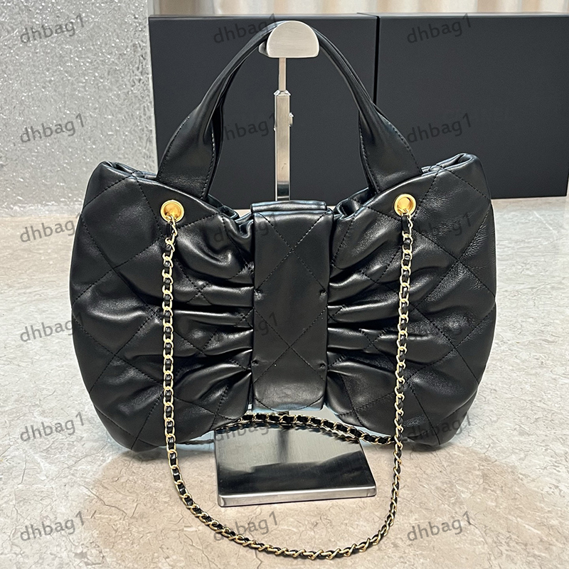 Bow-Knot Sheepskin Designer Ladys Shoulder Bag Genuine Leather With Grid Pattern Gold Hardware Metal Buckle Soft Handle Handbag Matelasse Chain Underarm Bag 38/26cm