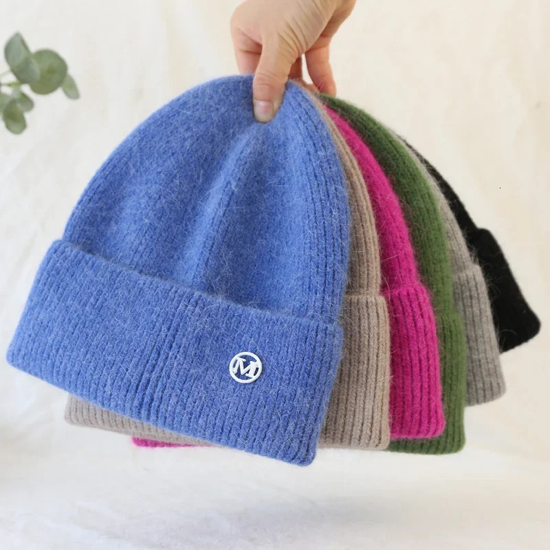 Fluffy Angora Hat Rabbit Fur Warm Winter hat For Womans Cashmere Wool Soft Beanies Blue Knitted Hat Outdoor Ski Female 250930