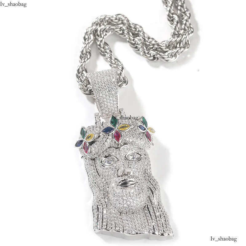 Hip Hop Colorful Cross Flower Jesus Pendant Necklace 5A Zircon Religious Jewelry