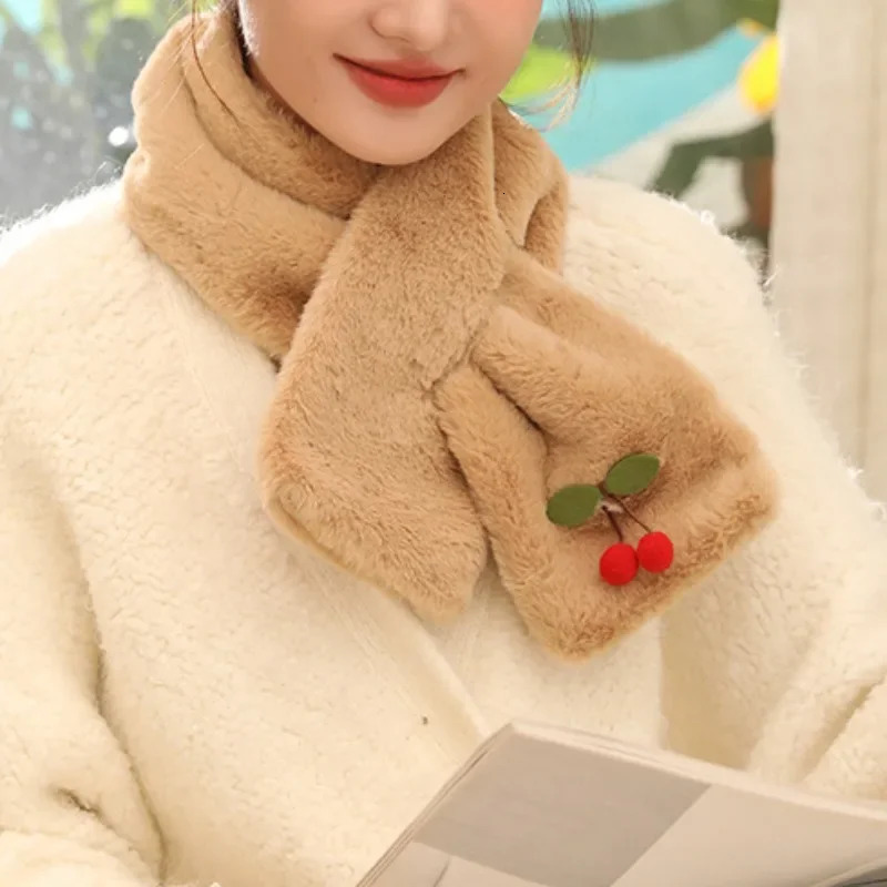 FANAN Winter Rabbit Fur Scarf Women Thickened Warm Cherry Decorative Scarf Cute Pink Comfortable Plush Scarf 250929