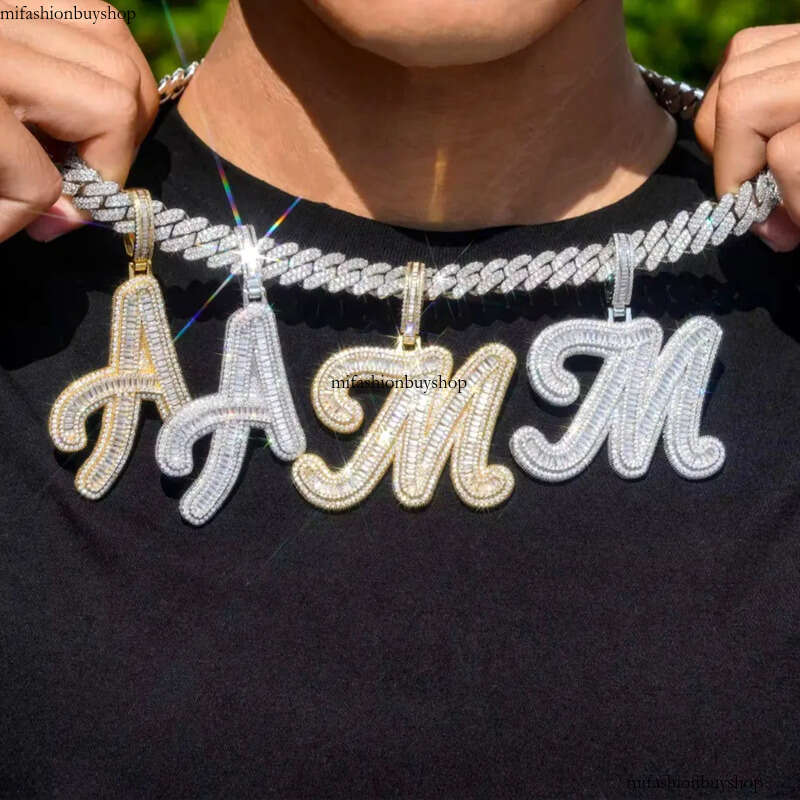 Hip Hop Custom A-Z Cursive Letters Pendant Necklace 5A T Zircon Real Gold Plated Mens Jewelry