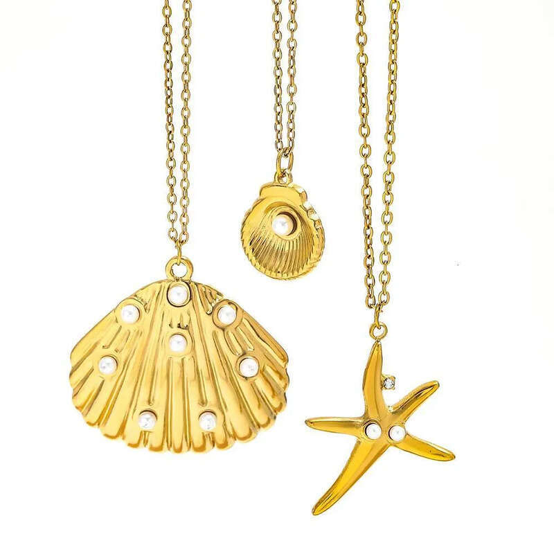 Fenny Wholesale PVD Plated Waterproof Fashion Classic Coean Shell Starfish Pearl Pendant Stainless Steel Necklace for Women
