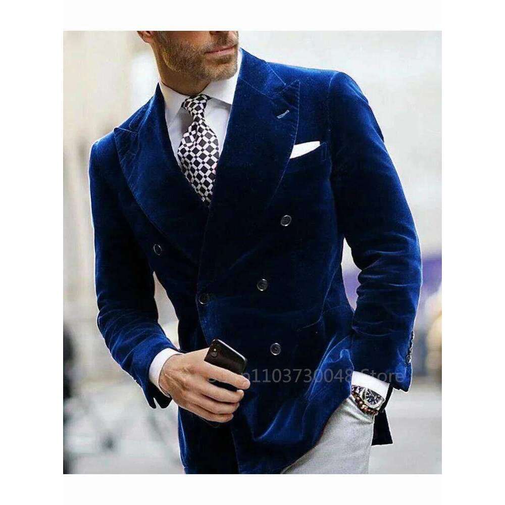 Blue/Black Veet Blazer for Men with Peak Lapel Double Breasted Dinner Jacket Elegant Smoking Suit Wedding Coat