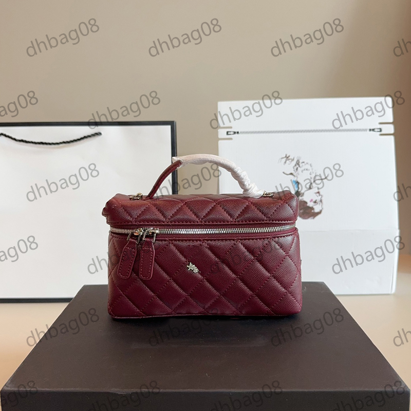 Caviar Litchi Grained Calfskin Star Lunch Cosmetic Case Vanity Makeup Box Bag Caviar Leather Top Handle Tote Suitcase Card Holder Crossbody Handbag Purse 19x5x12cm