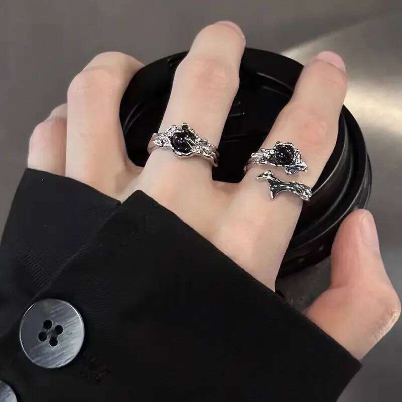 Gothic Irregular Gemstone Aesthetic Girls Adjustable Black Stone Women's Liquid Punk Ring Vintage Jewelry Accessories
