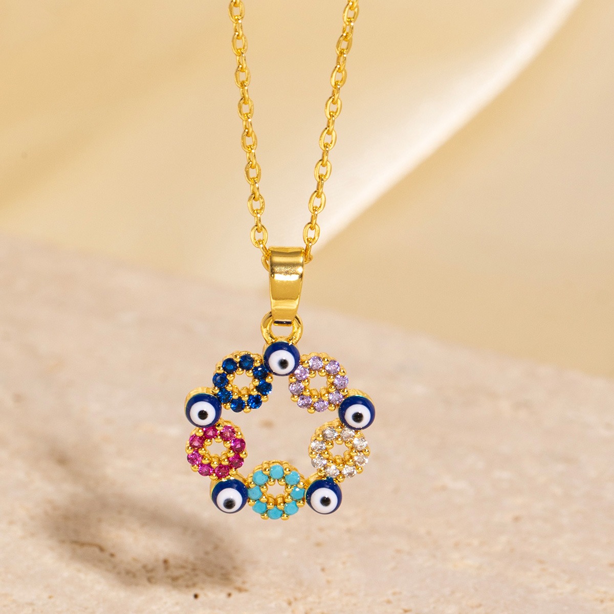 Gold - Toned Round Evil Eye Pendant Necklace With Multicolor Gemstones Delicate Daily Boho - Chic Jewelry Gifts, For Her Unique Stylish Accessor