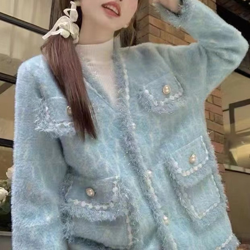 2025 Korean Knitted Jacket Autumn Designer Jacket New Tassel Imitation Mink Velvet Sweater Coarse Wool Short Coat Open Knitted Wool Sweater New Luxury