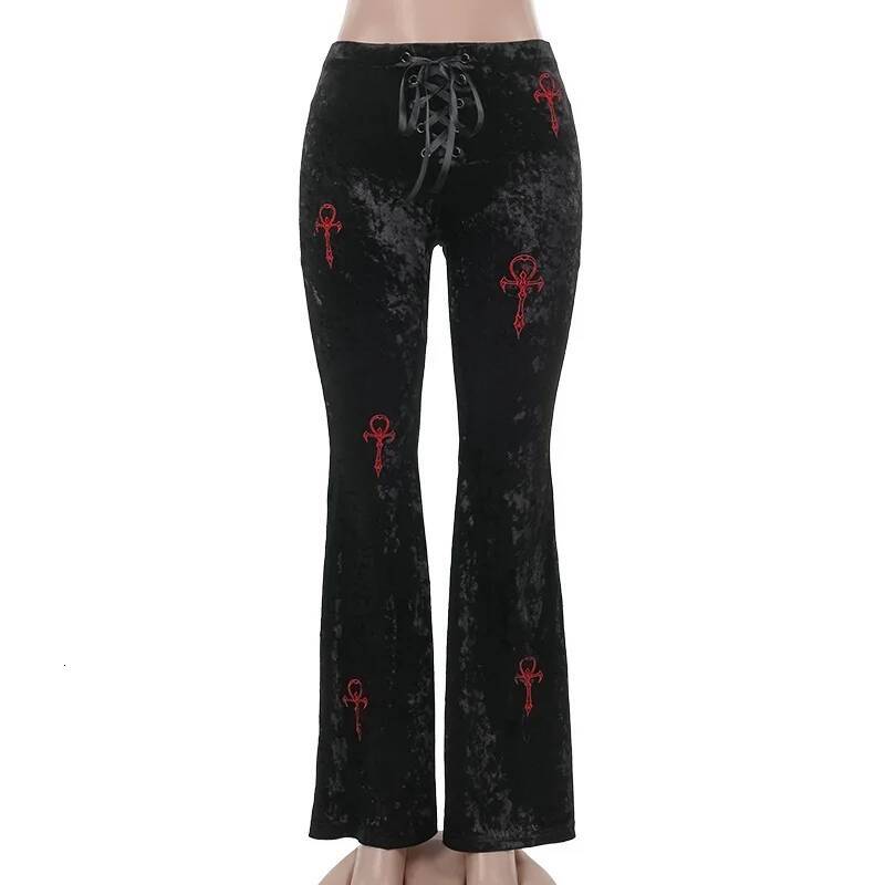 Goth Dark Veet High Waist Flare Pants Haruku Fashion Cross Embroidery Soft Long Pant Women Autumn Mall Gothic Slim Trousers dongdumaoyi