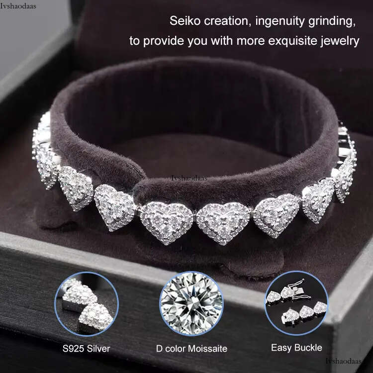 Goldleaf Sterling Sier VVS Dia Bracelet Hiphop Heart Shape Bangles Iced Out 8mm Moissanite Cuban Link Chain