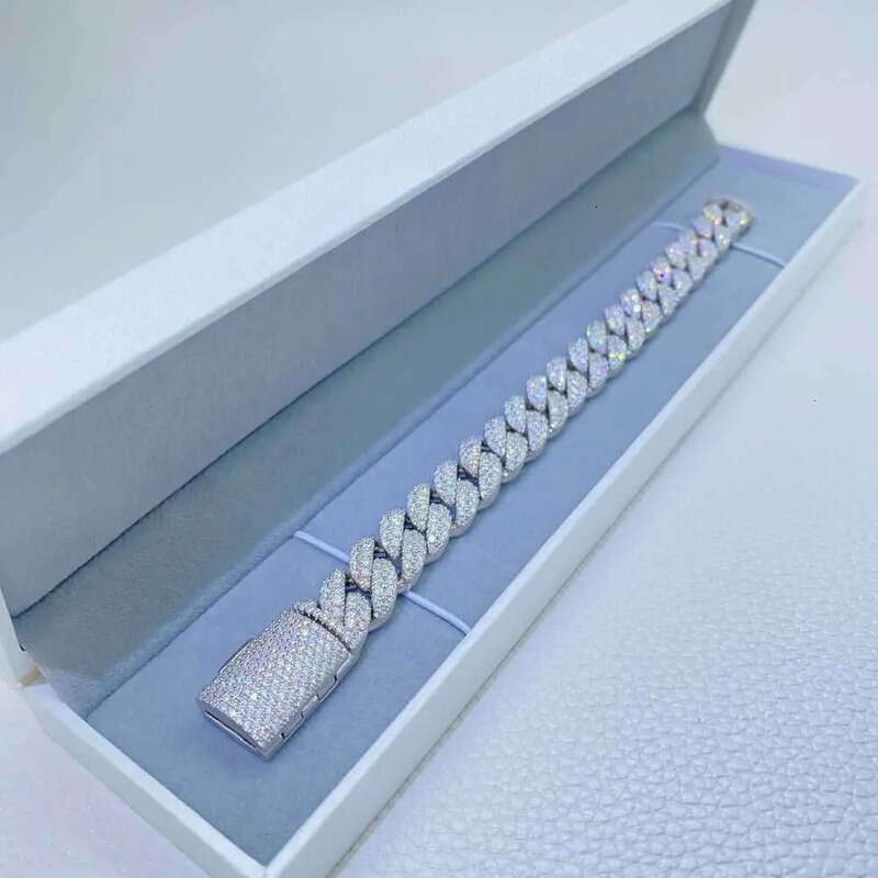 12mm 2 Rows Micro Paved D VVS Lab Dia Link Chain Iced Out Sier Moissanite Cuban Bracelet