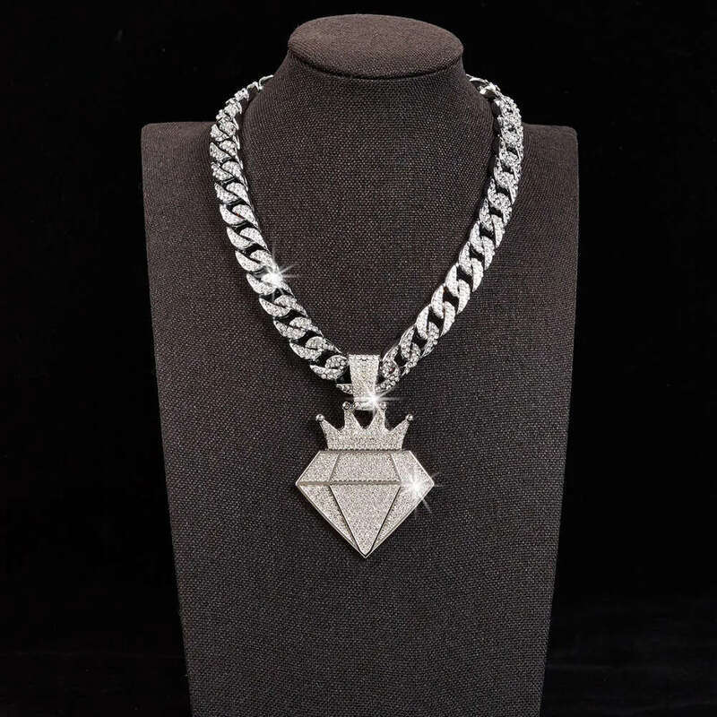 Hip Hop Iced Out Dia Crown Pendant Necklace Men Women with 13mm Bling Cuban Gold Chain Fashion cosplay Jewelry Gift
