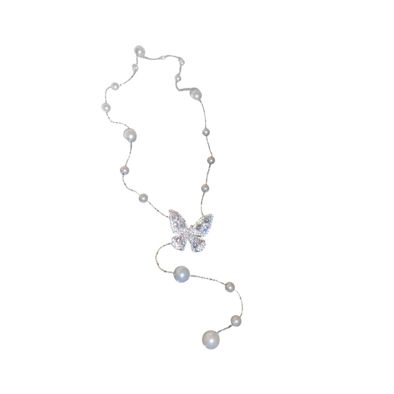 Real Gold Plated Zircon Butterfly Pearl Tassel Necklace Internet Celebrity Style Collarbone Chain Super Fairy Sweet High-end Sense Choker for Women
