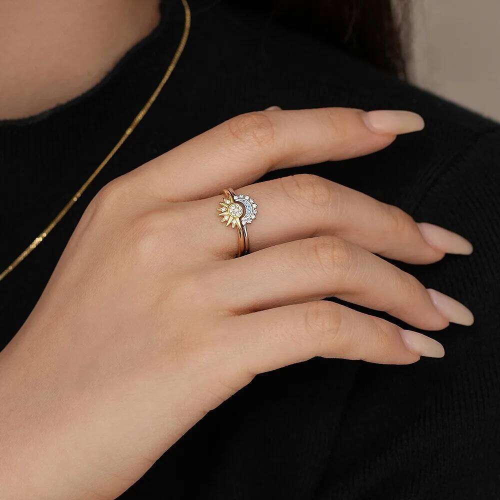 Sier Sun and Moon Couple Ring Set Sky Blue Sparkling Cubic Zirconia Rings Promise Fine Jewelry Gifts for Valentines Day