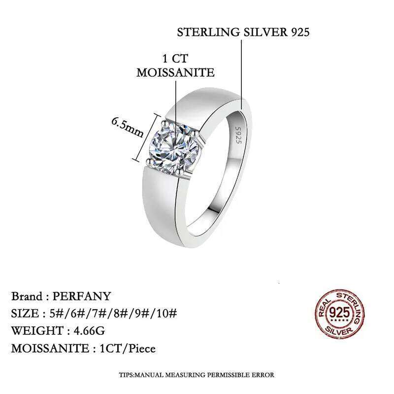 PERFANY 0.5/1CT Moissanite for Men S Pure Sier Laboratory Cultivated Dia Engagement Ring Classic Wedding Jewelry