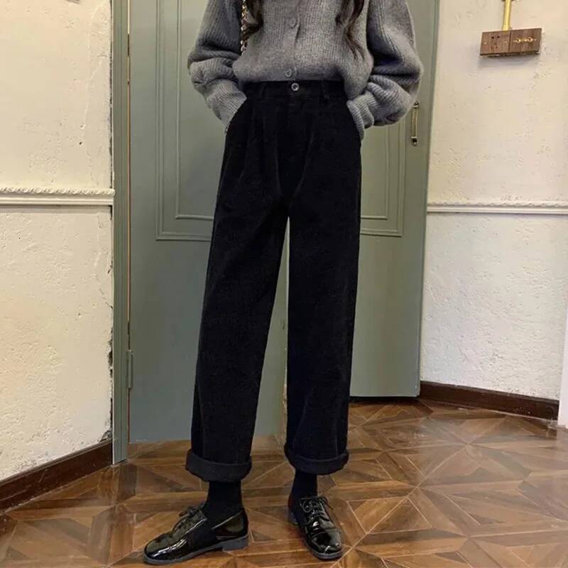 Vintage Corduroy Wide Leg Women High Waist Pockets Baggy Trousers Streetwear Korean All Match Black Casual Straight Pants dongdumaoyi