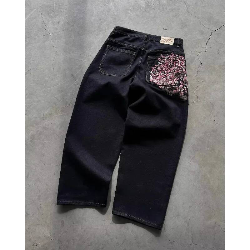 Sakura embroidered jeans Personalized street fashion wide legs multifunctional washing spread couple hip hop pants dongdumaoyi