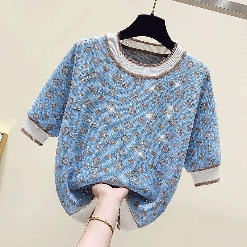 2025 Spring Women Fashion Short Sleeve Sweater Female Knit Glitter Stones T Shirt Femme Vintage Slim Summer Tops