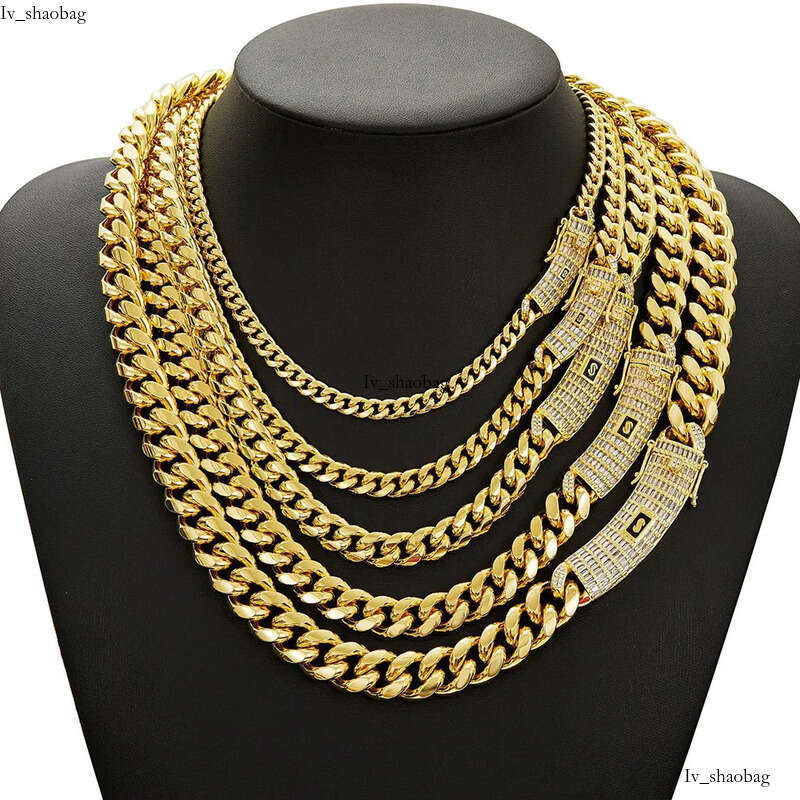 6-14mm Solid Stainless Steel Miami Cuban Chain Necklace Bracelets T Zircon Long Clasp 14K Gold Plated Jewelry