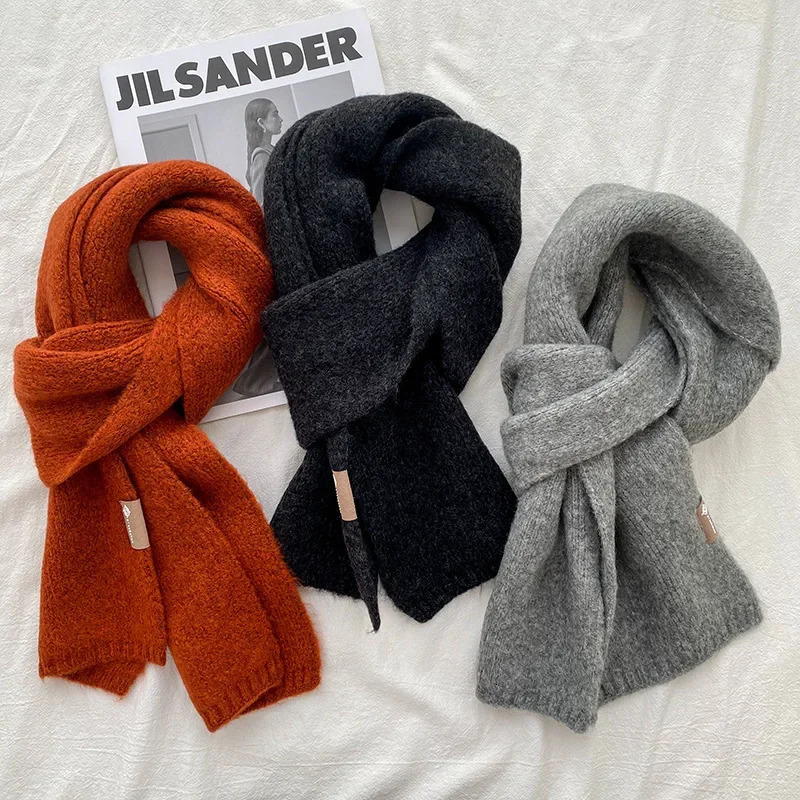 Chic Wool Small Scarf Women Men Wool Blend Knit Solid Color Couple Muffler Korean Thick Warm Versatile Shawl Female Male 250930