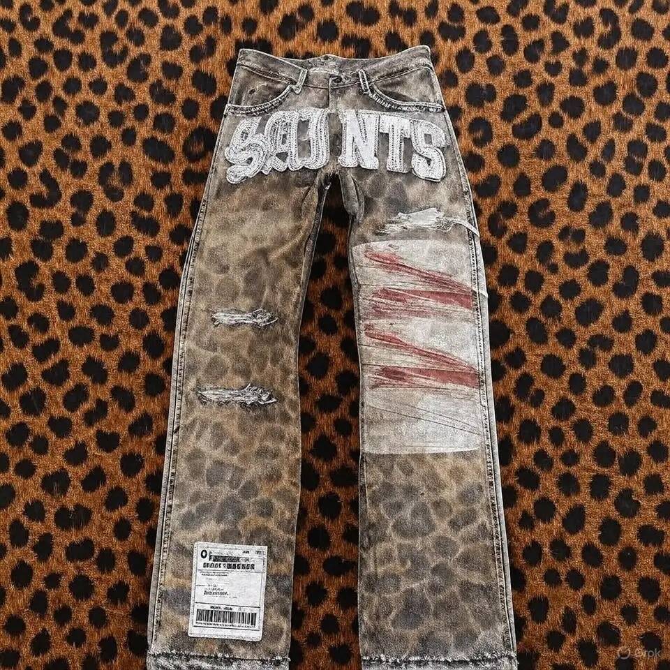 American Retro Camouflage Leopard Y2K Mens Womens Hip Hop Letters Patch Embroidery Baggy Jeans Mid Waist Wide Leg Trousers dongdumaoyi